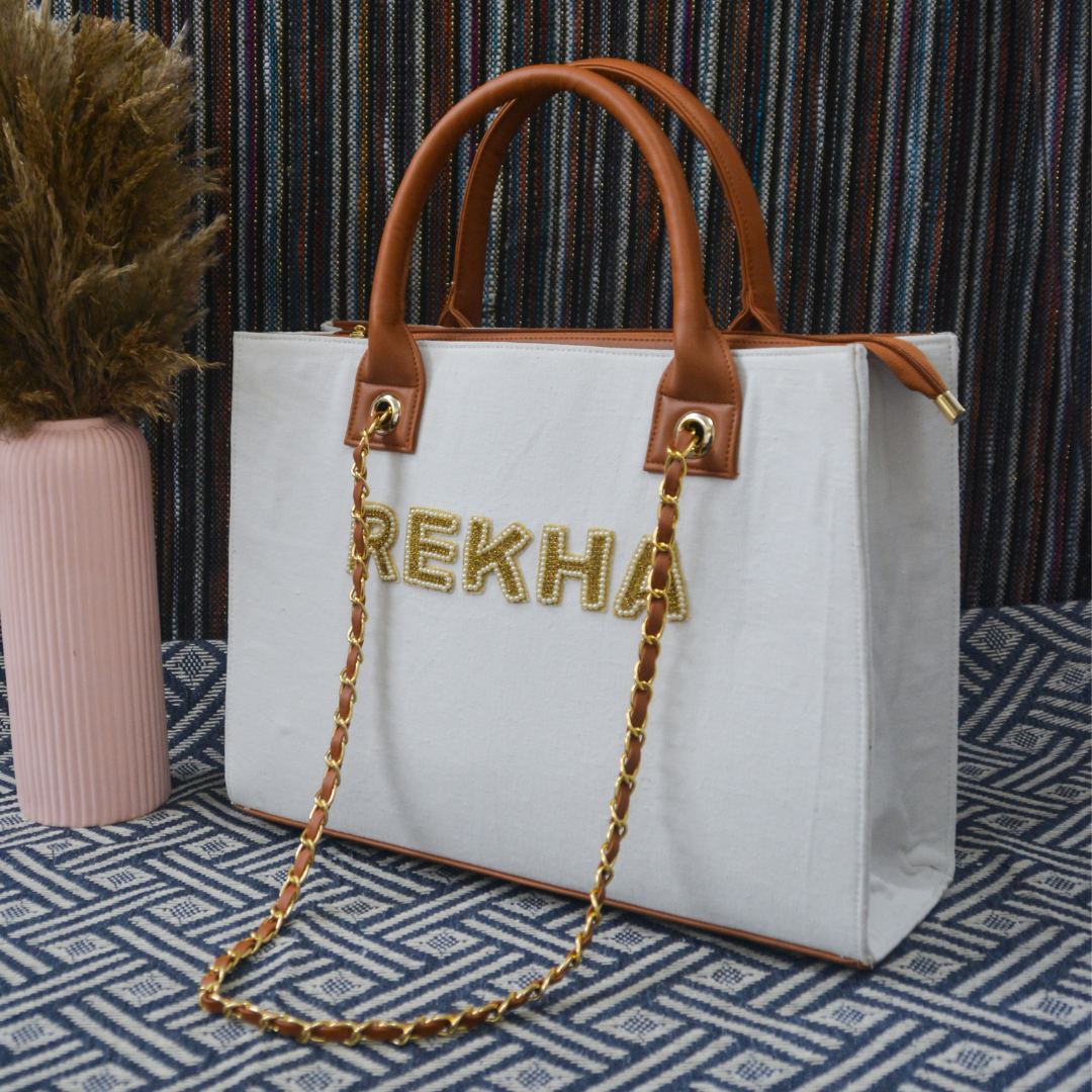 White Chain Tote Full Name Handwork (1 Lines Initials)