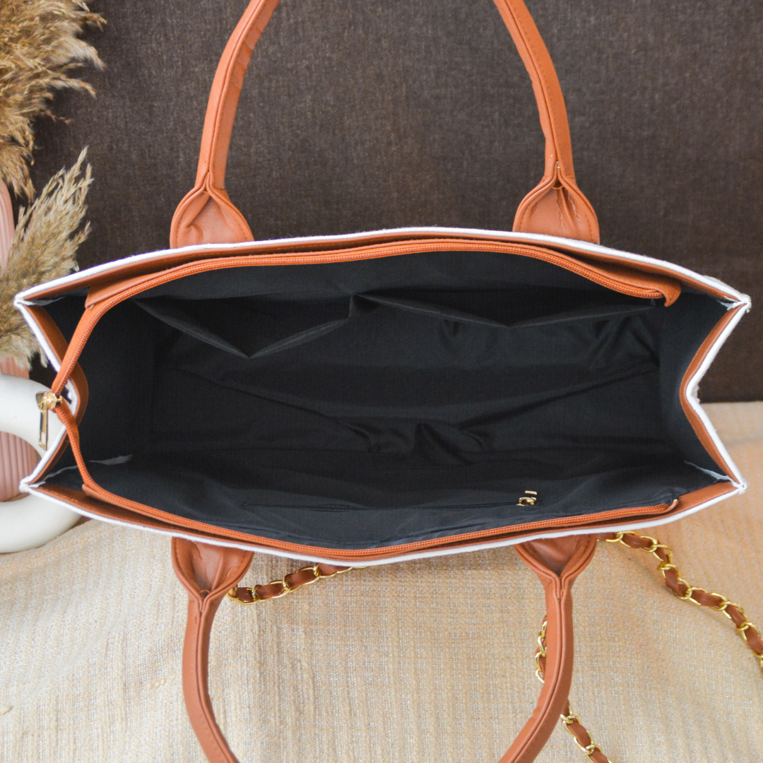 White Chain Tote Full Name Handwork (1 Lines Initials)