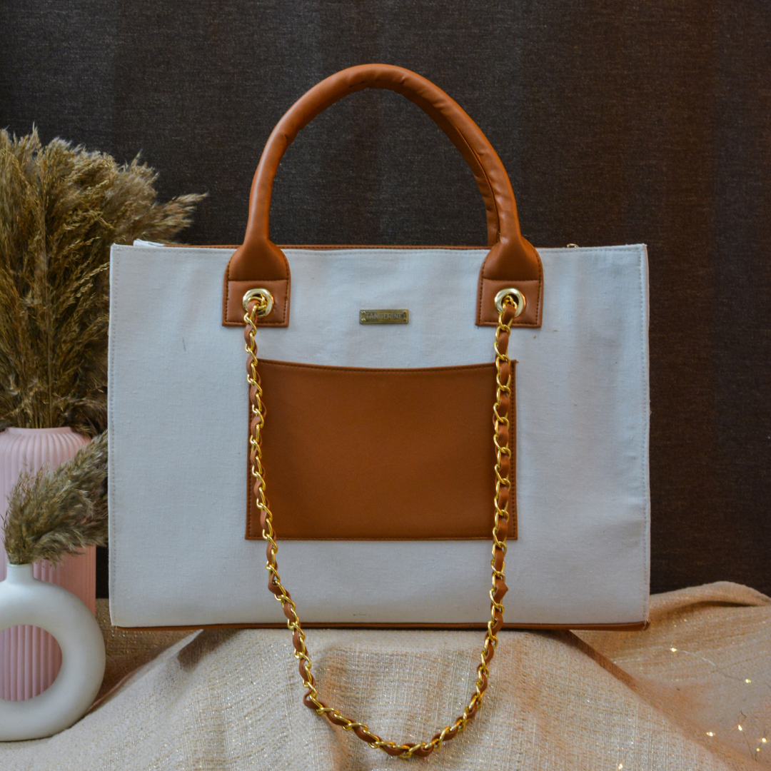 White Chain Tote Full Name Handwork (1 Lines Initials)