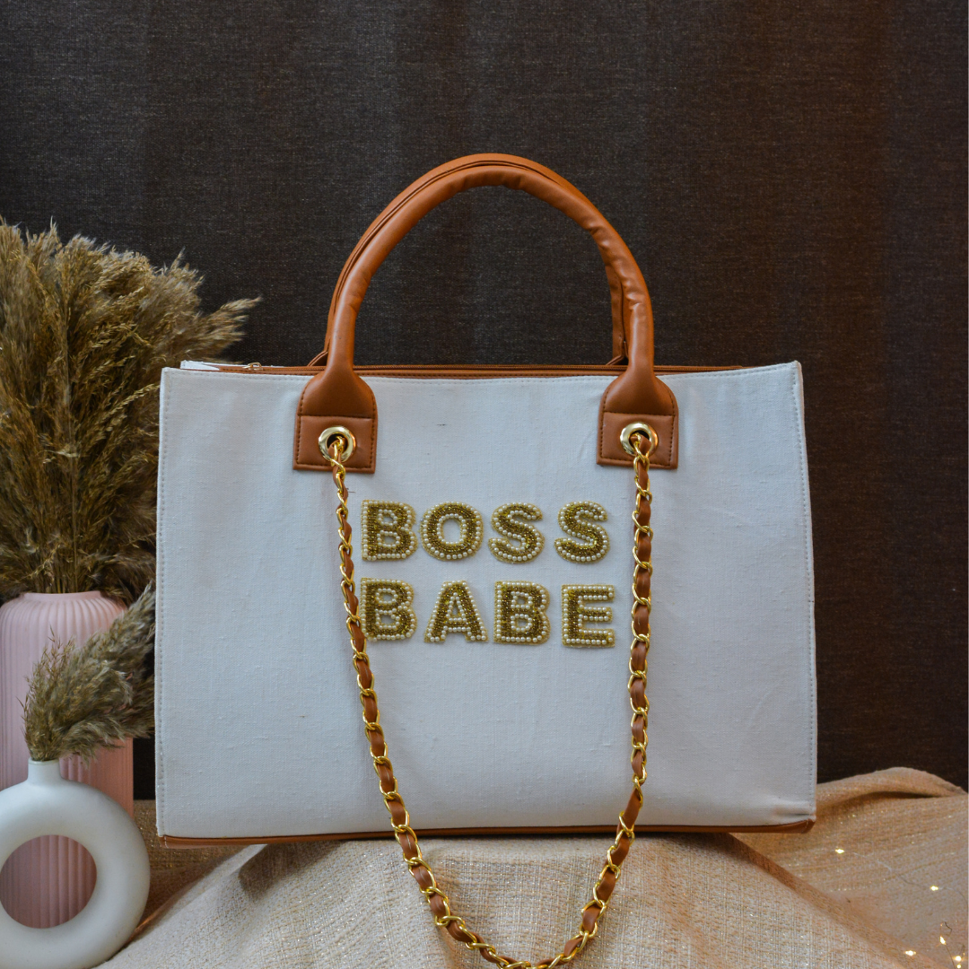 White Chain Tote Full Name Handwork (2 Lines Initials)