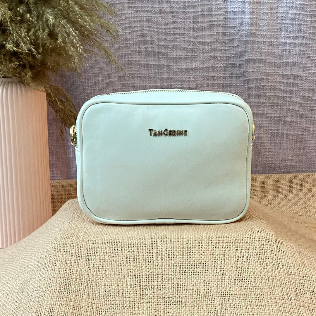 White Dual Compartment Sling Bag with Pink & Mint Diamond Belt + Big Wallet