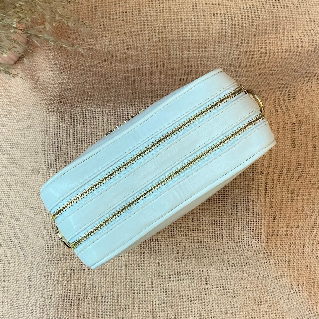 White Dual Compartment Sling Bag with Sea Blue & White Belt