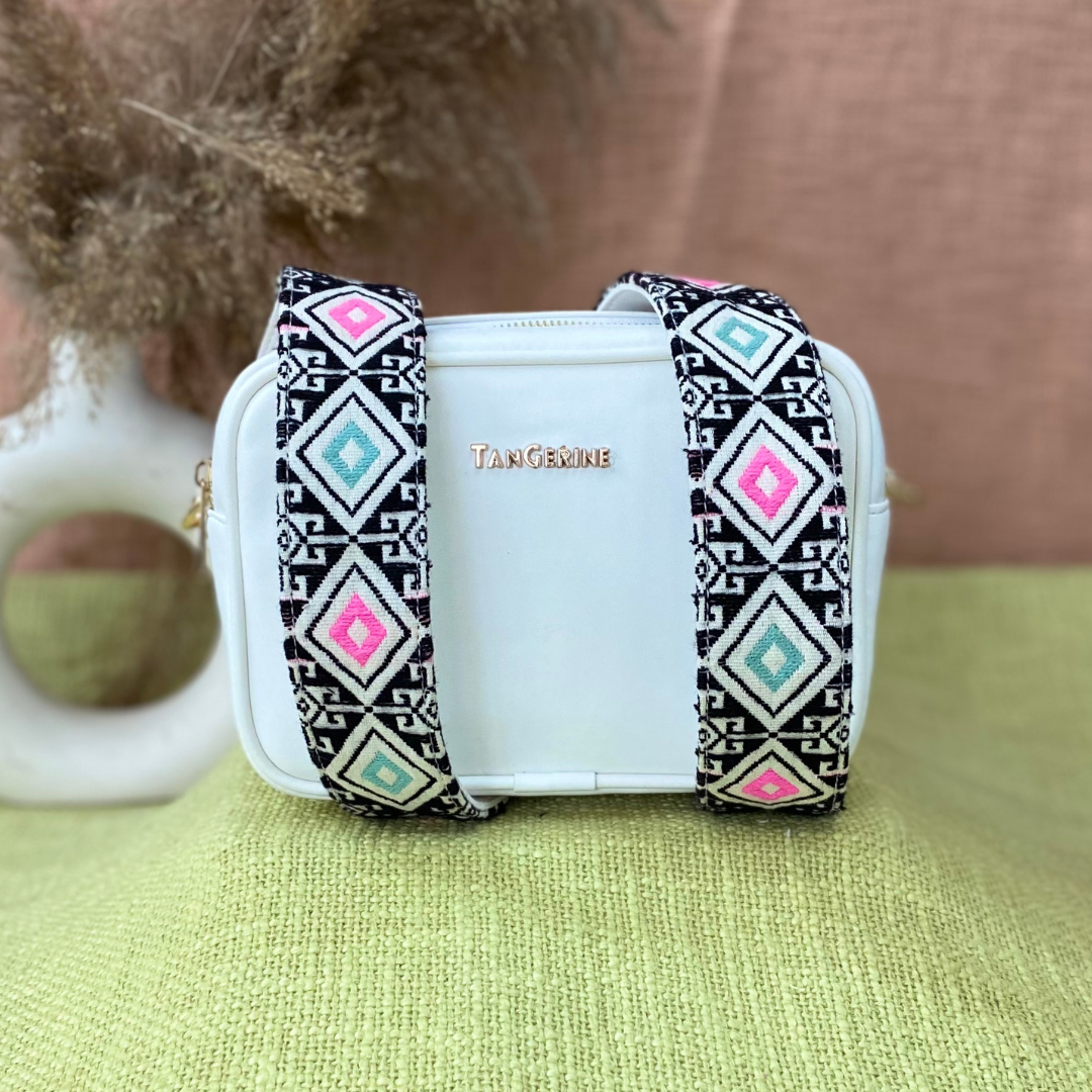 White Dual Compartment Sling Bag with Pink & Mint Diamond Belt + Big Wallet
