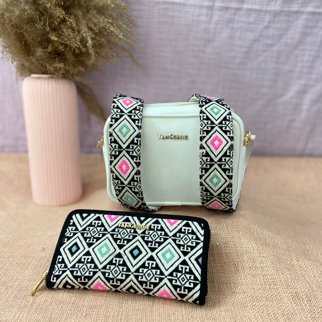 White Dual Compartment Sling Bag with Pink Mint Diamond Belt Big Wallet