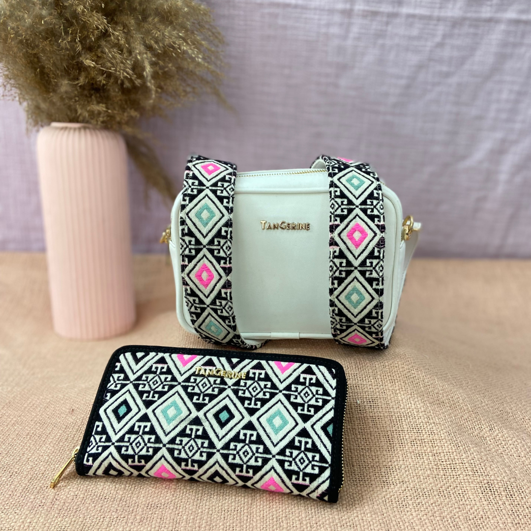 White Dual Compartment Sling Bag with Pink & Mint Diamond Belt + Big Wallet