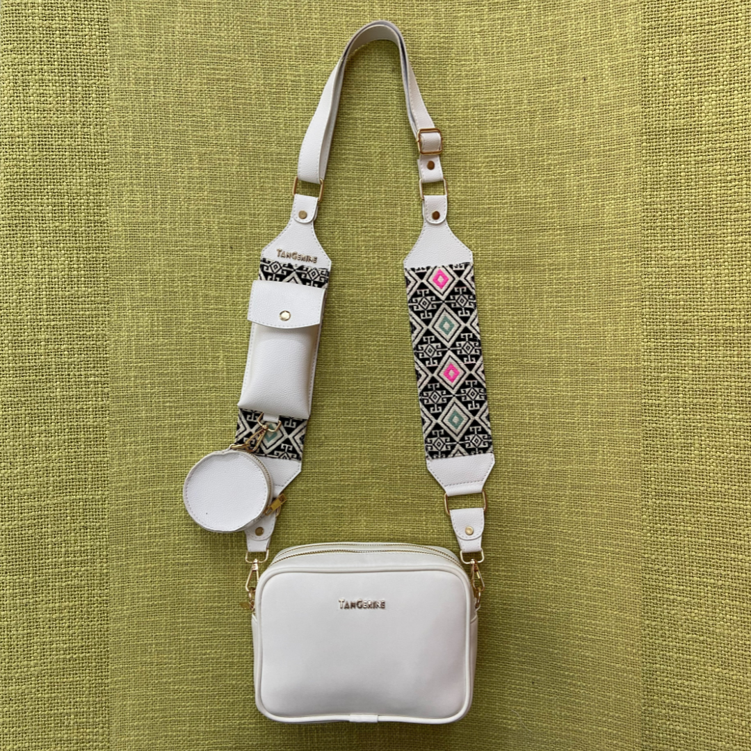 White Dual Compartment + White Pink & Mint Diamond Pochette Belt