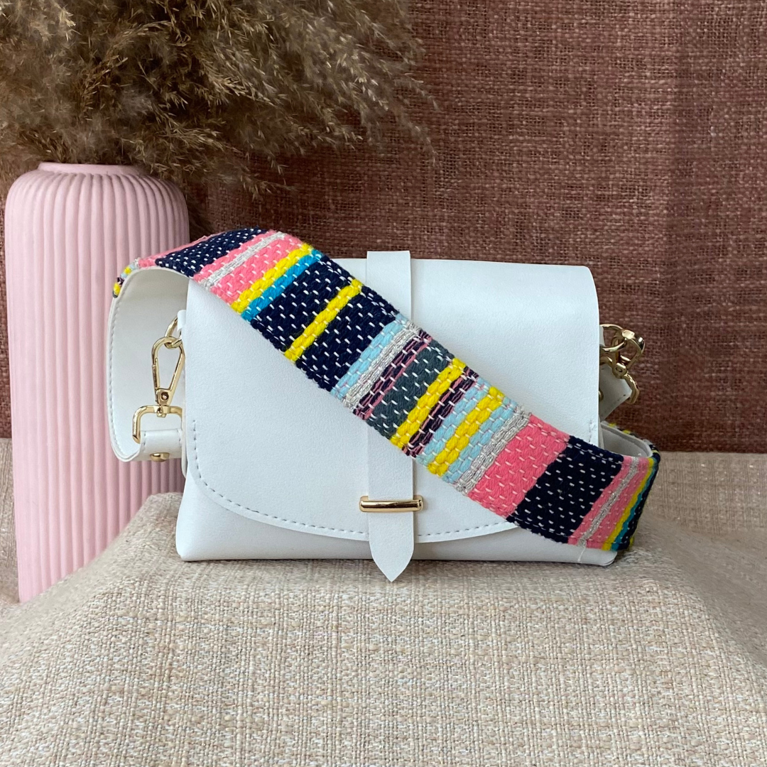 White Eva Bag with Multi-color Vibrant Belt.