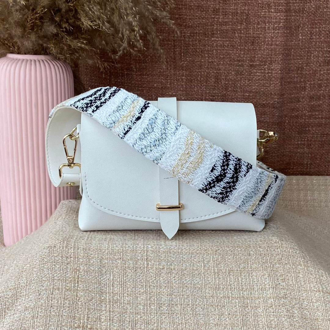White Eva Bag with White & Gold Tribal Belt.