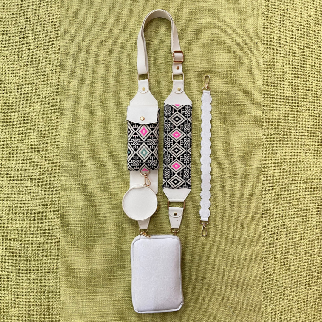 White Pouch + White with Mint & Pink Diamond Cloth on Pocket Pochette only Belt.