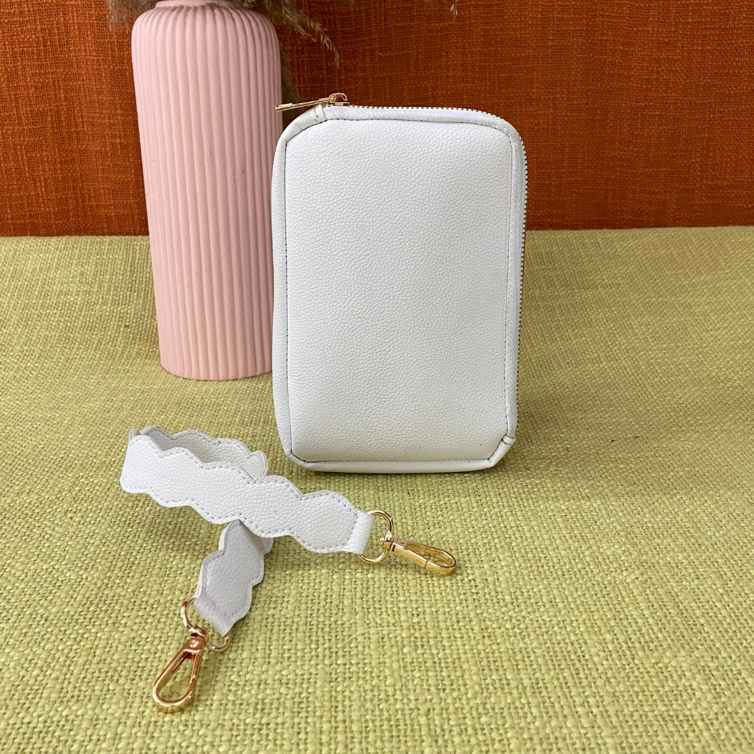 White Pouch + White with Mint & Pink Diamond Cloth on Pocket Pochette only Belt.