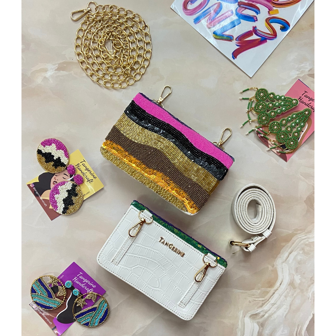 White with Multi-color Handwork Phone Size Waist Bag