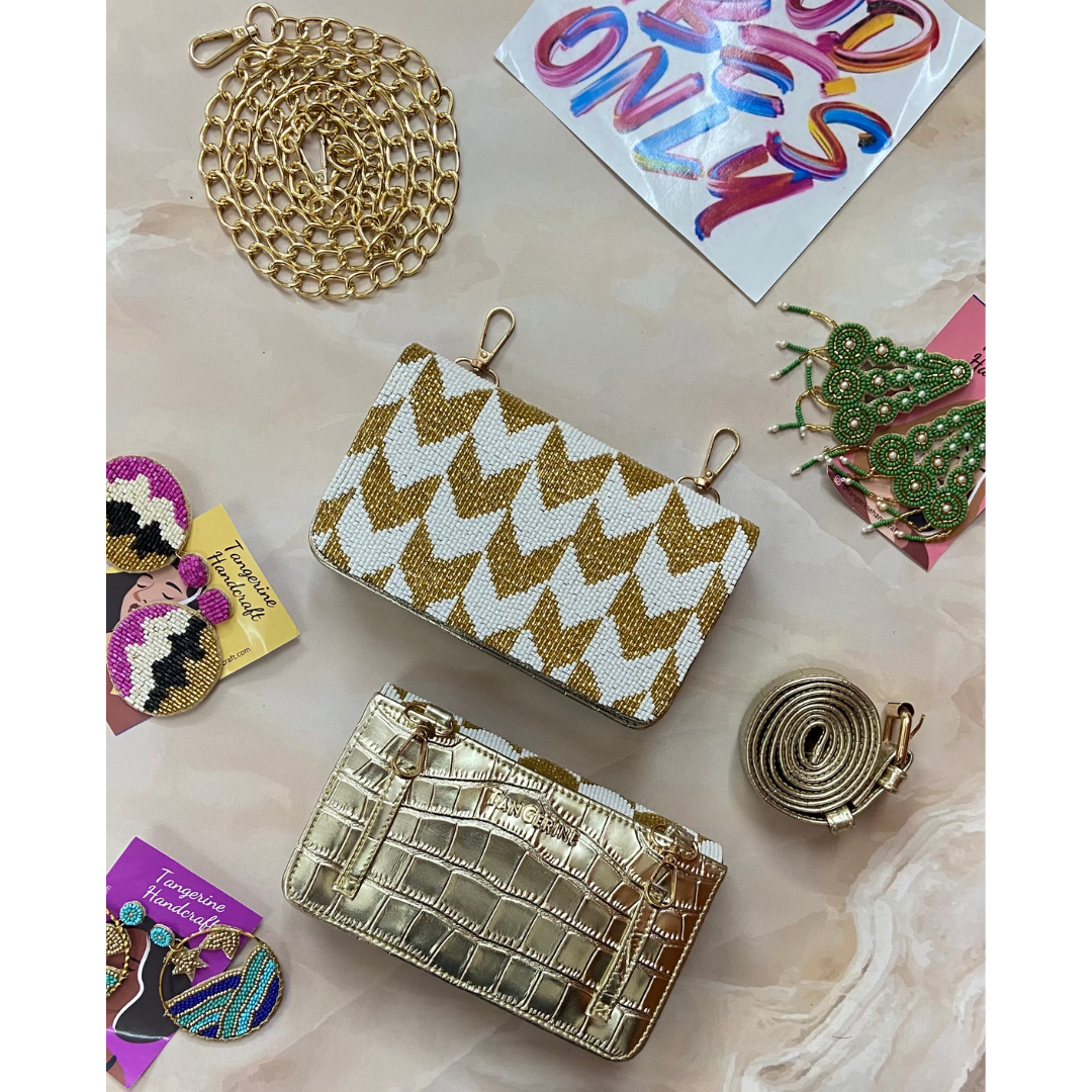 Zig Zag Gold & White Handwork Phone Size Waist Bag