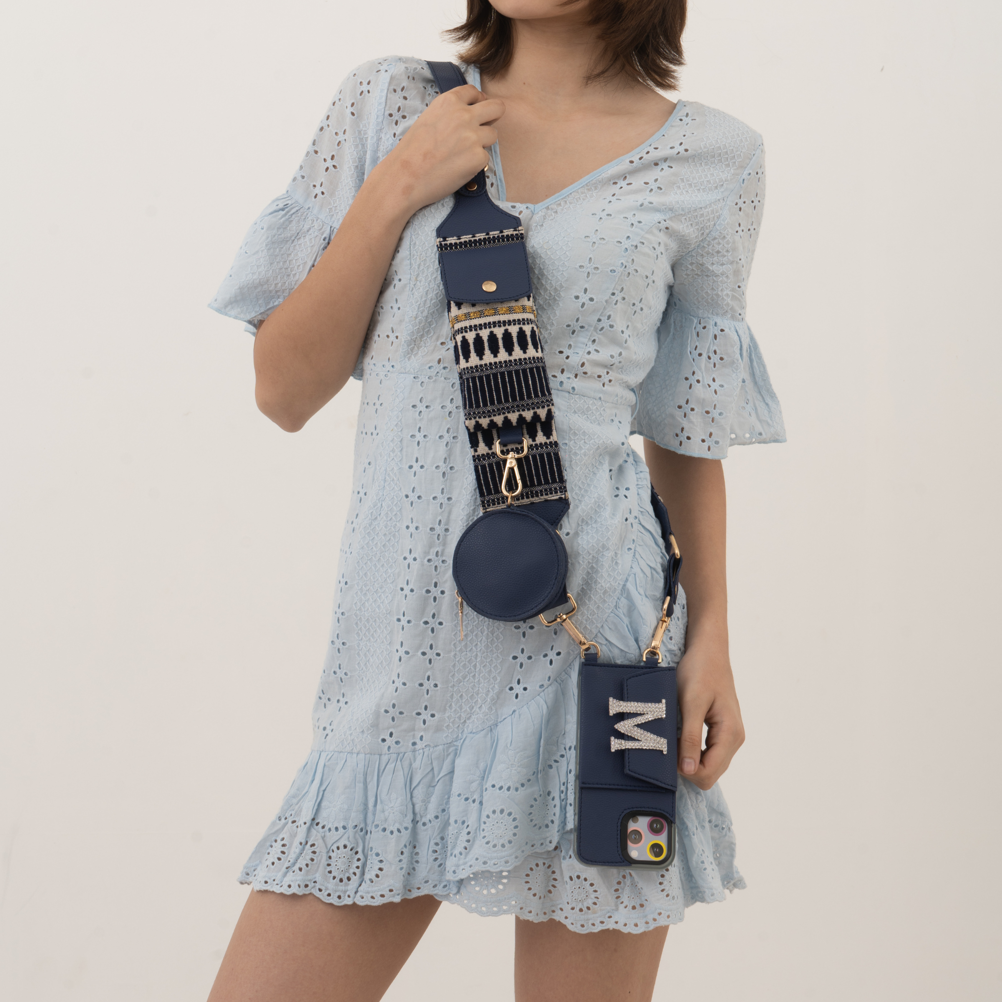 Blue with Blue Bullet Cloth on Pocket Pochette Belt with Phone Case