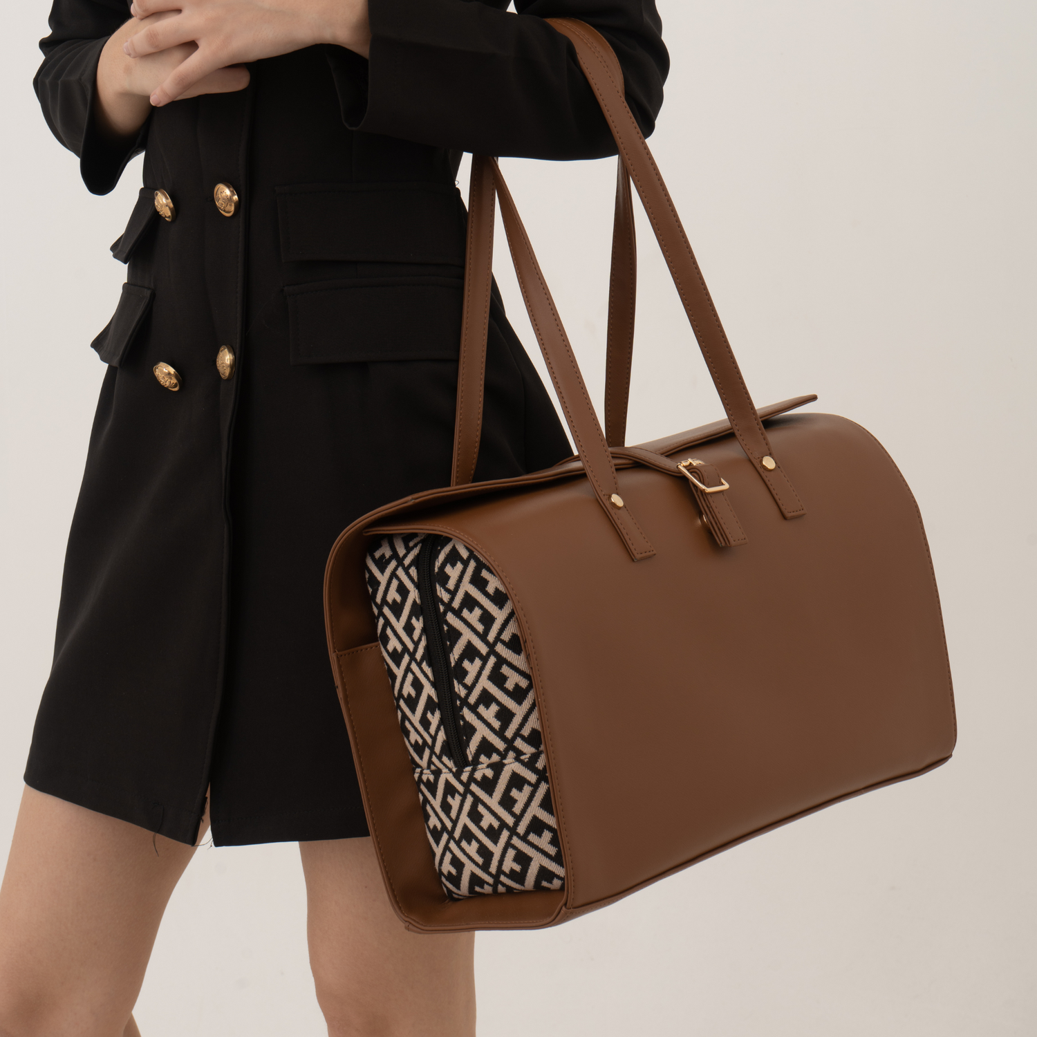 Brown with Black T-shape Design Leera 16inch Bag