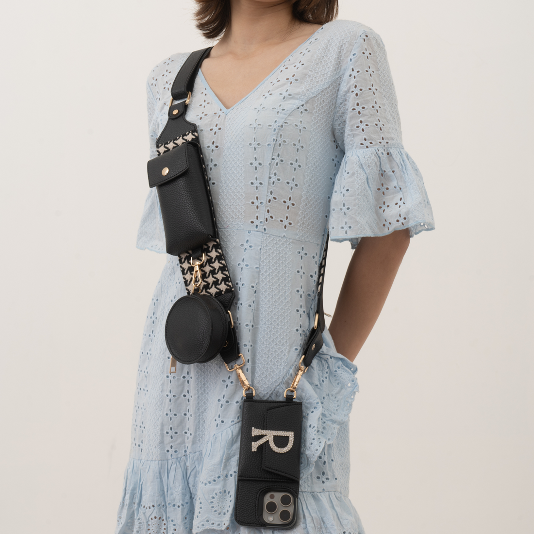 Black & White Vintage Small Print Pochette Belt with Phone Case