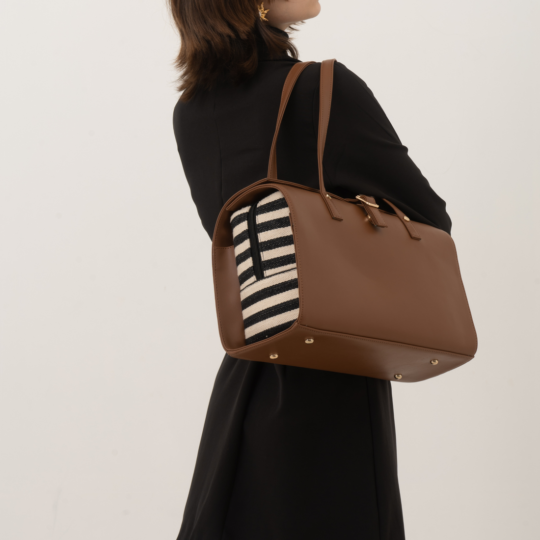 Brown with Black & White Stripes Leera 14inch Bag
