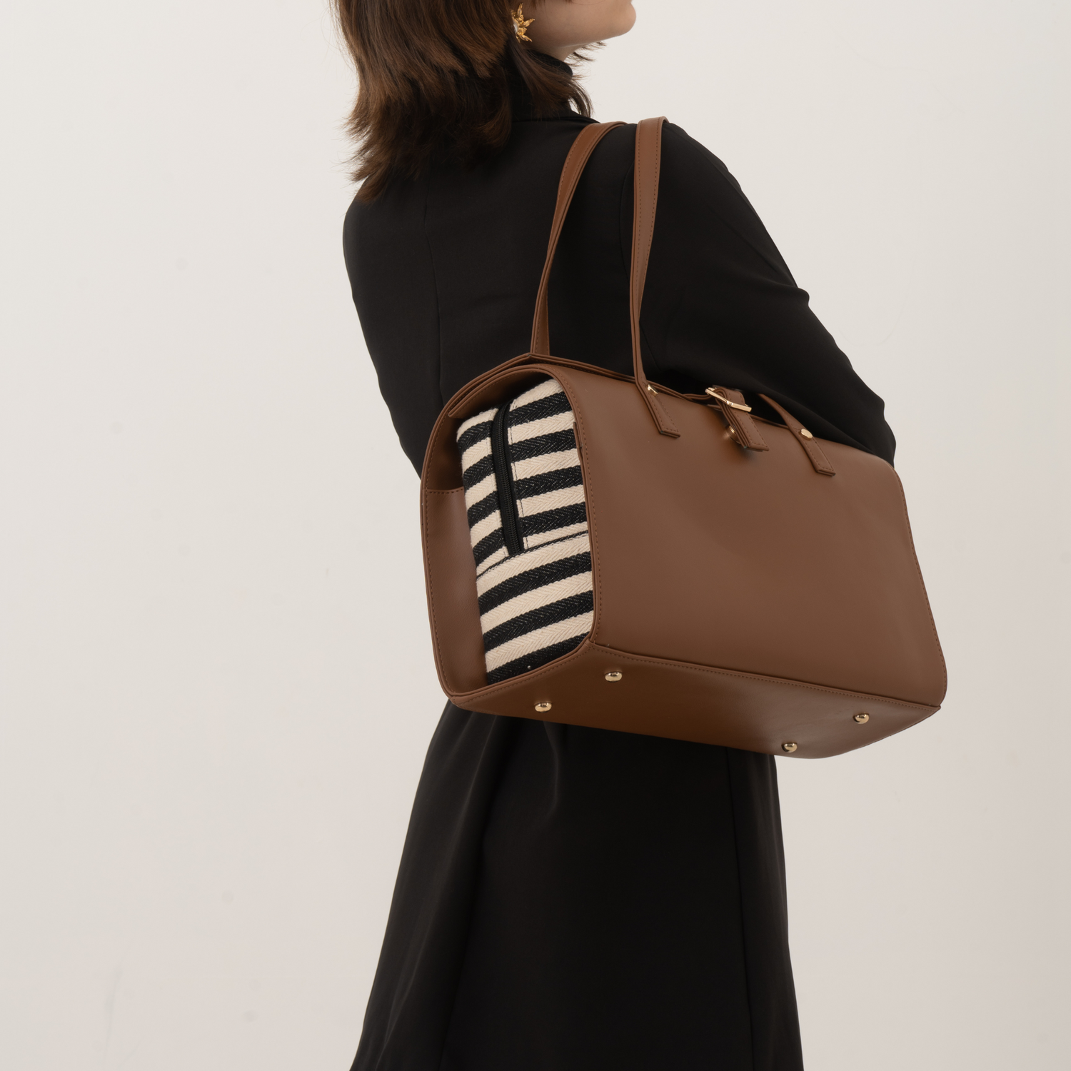 Brown with Black &amp; White Stripes Leera 14inch Bag