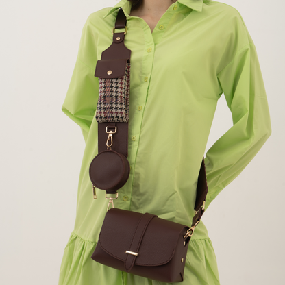 Brown Eva + Brown With Multi Colour Vintage Cloth On Pocket Pochette Belt with Phone Case