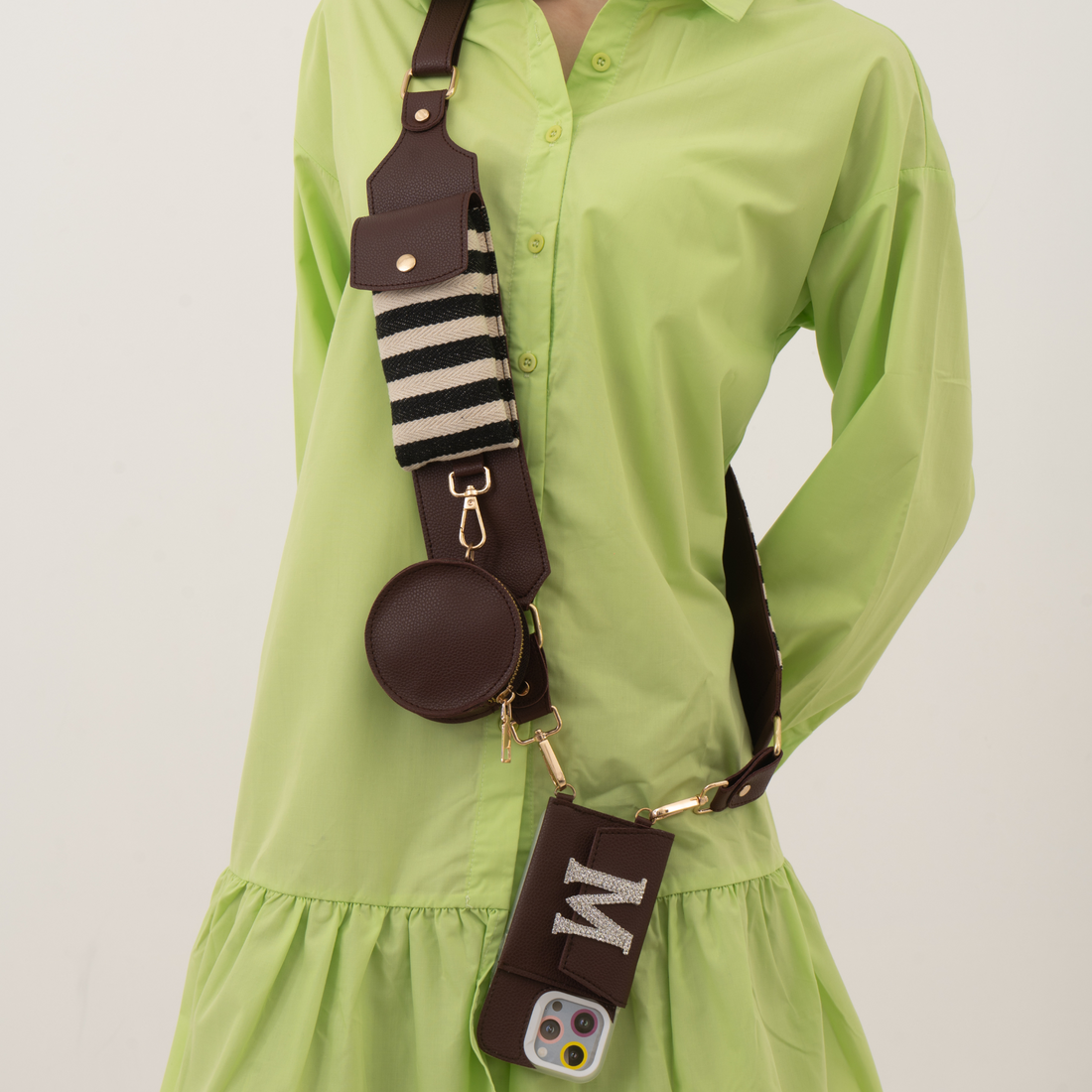 Brown with Black & White Stripes Cloth on Pocket Pochette Belt with Phone Case