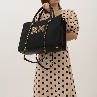 Black Canvas Chain Tote Handwork (2 Initials)