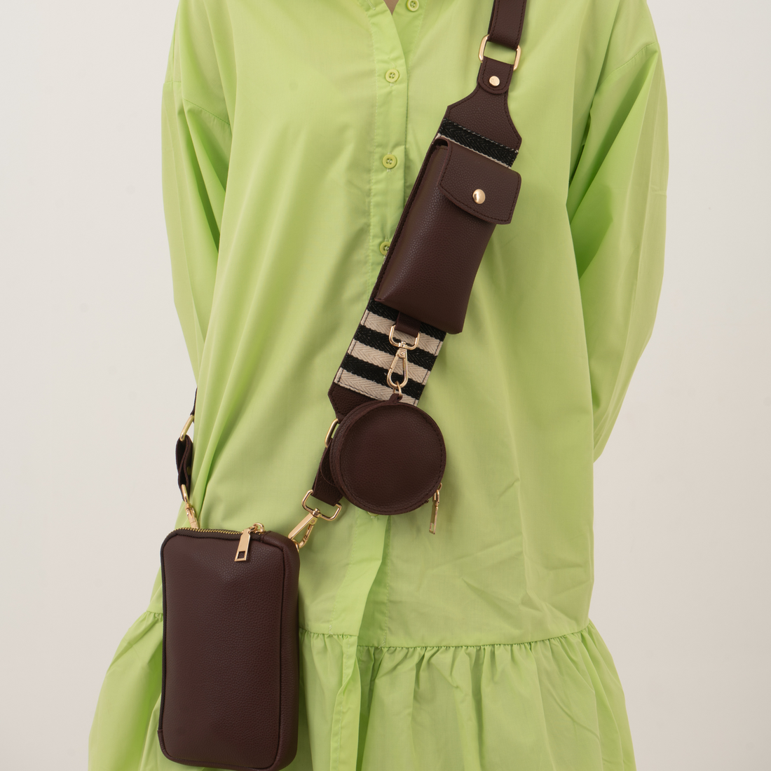 Brown Pouch + Brown with Black & White Stripes Pochette Belt