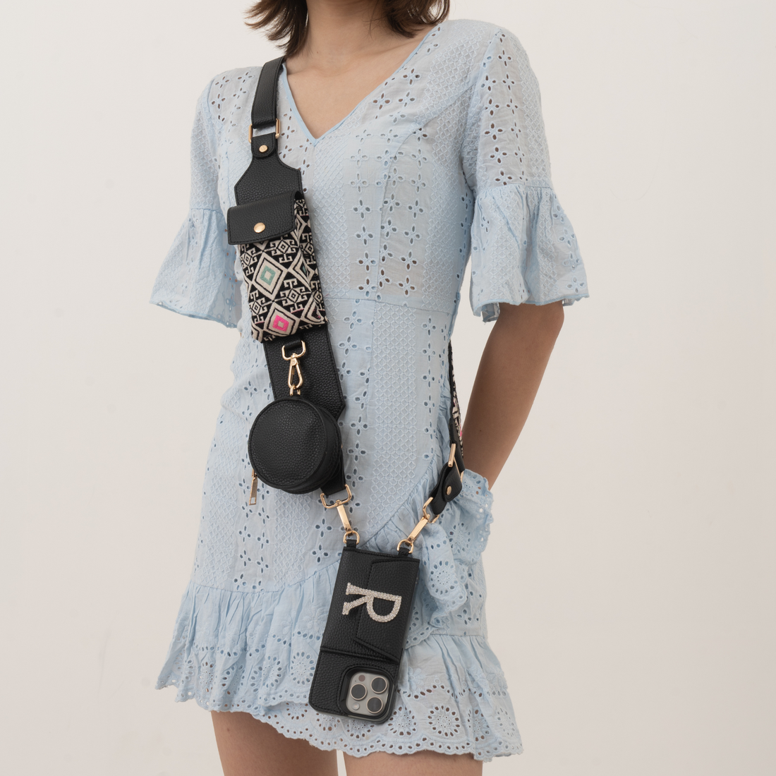 Black with Multi-Color Diamond Cloth on Pocket Pochette Belt with Phone Case