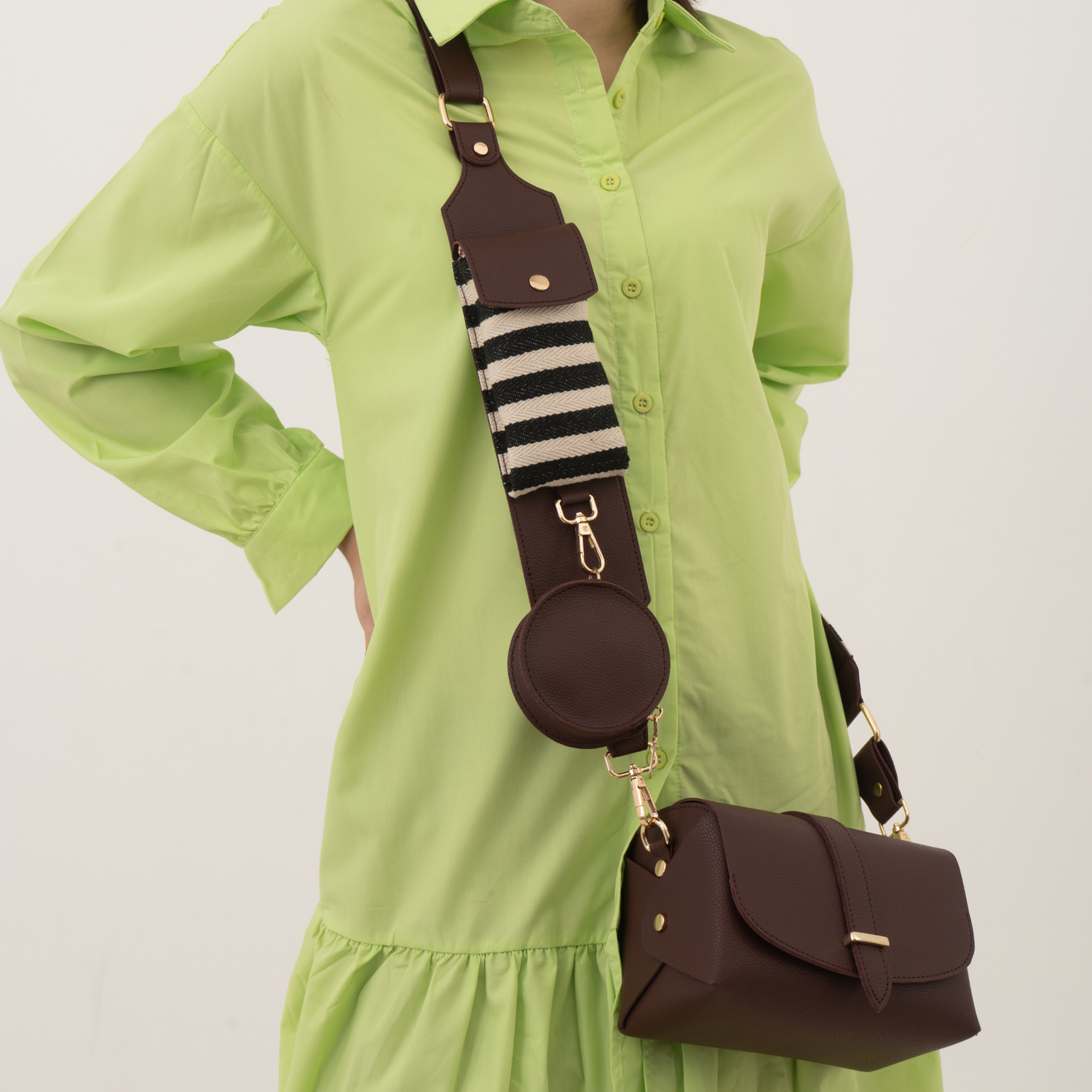 Brown Eva + Brown with Black &amp; White Stripes Cloth on Pocket Pochette Belt