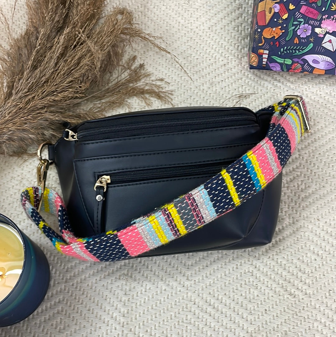 BUM BAG BLACK WITH MULTICOLOURED LINE BELT