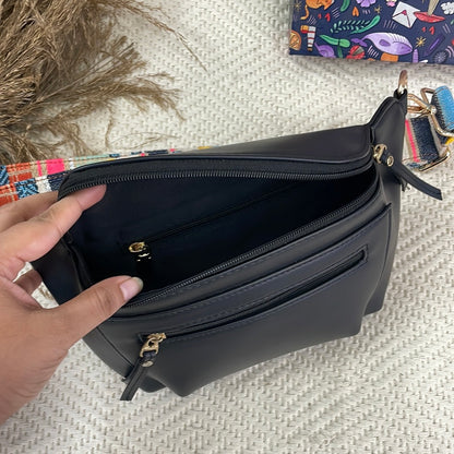 BLACK BUM BAG WITH VIBRANT BELT