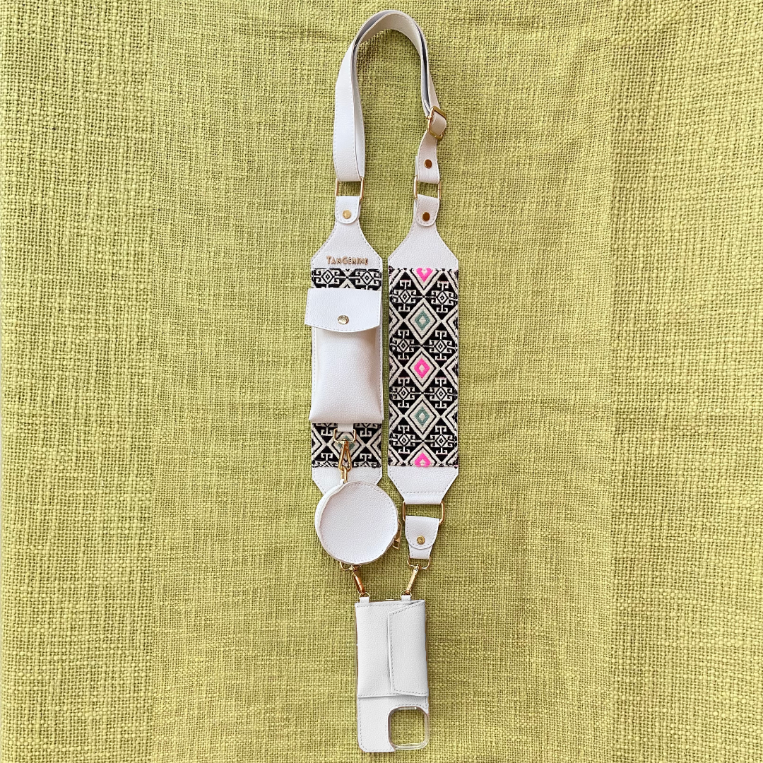 White Dual Compartment + White Multi-color Diamond Pochette Belt with Phone Case