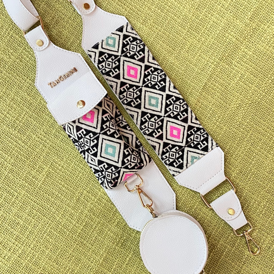 White Dual Compartment + White Pink &amp; Mint Diamond Cloth on Pocket Pochette Belt