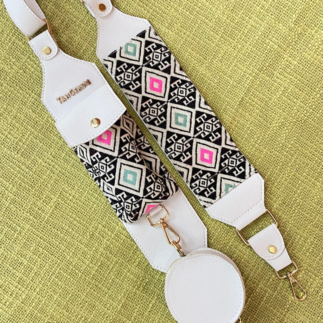 White Eva + White with Mint &amp; Pink Diamond Cloth on Pocket Pochette Belt.