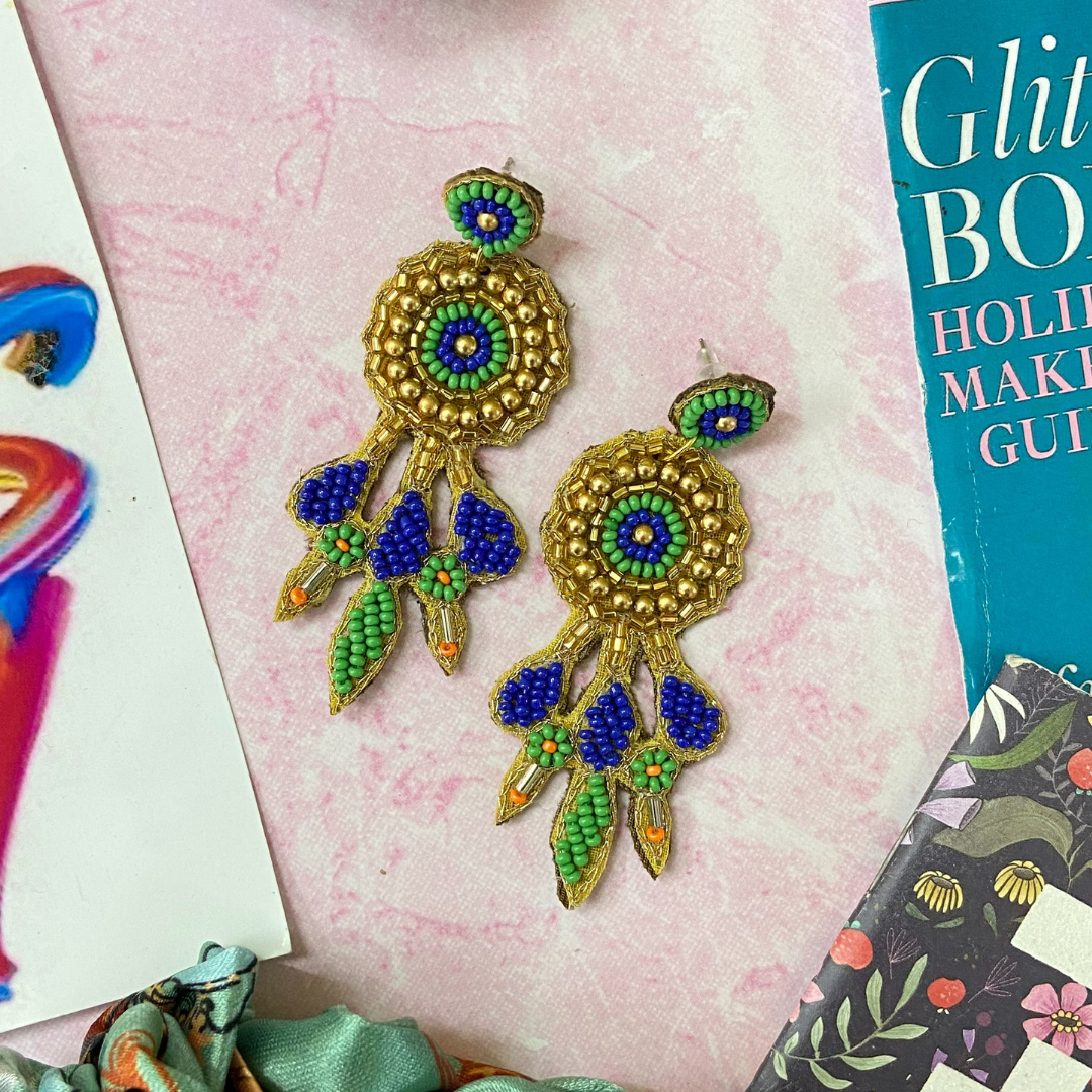 Cabana in Dark Blue, Green &amp; Gold Earrings