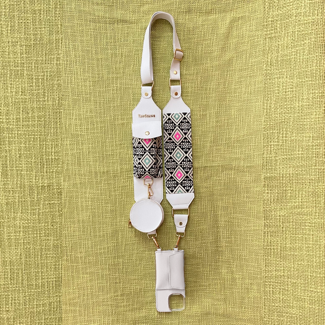 White Eva + White Multi-color Diamond Cloth on Pocket Pochette Belt with Phone Case