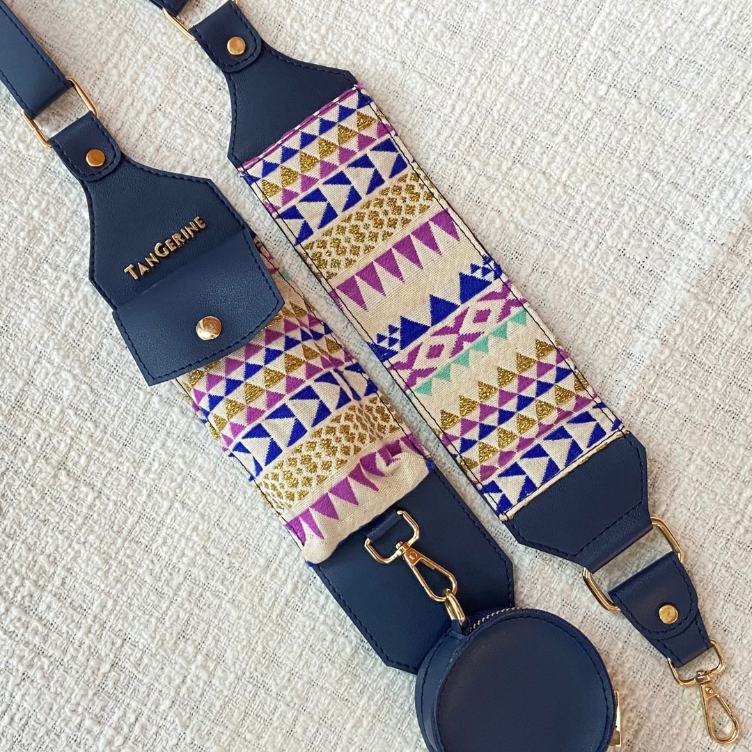 Blue with Multi-color Triangles Cloth on Pocket Pochette only Belt