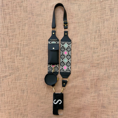 Black with Multi-Color Diamond Pochette Belt with Phone Case
