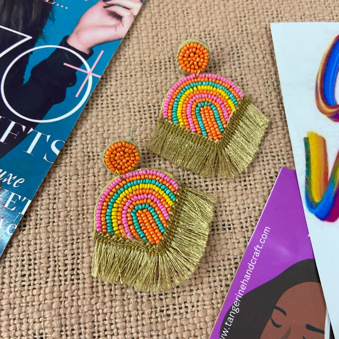 Modern Rainbow with Gold Tassels Earrings