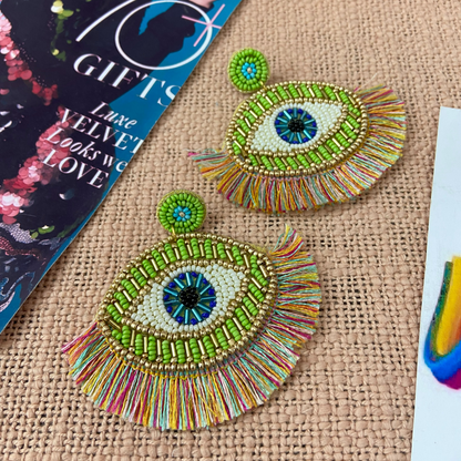 Evil Eye Green Tassel Earrings