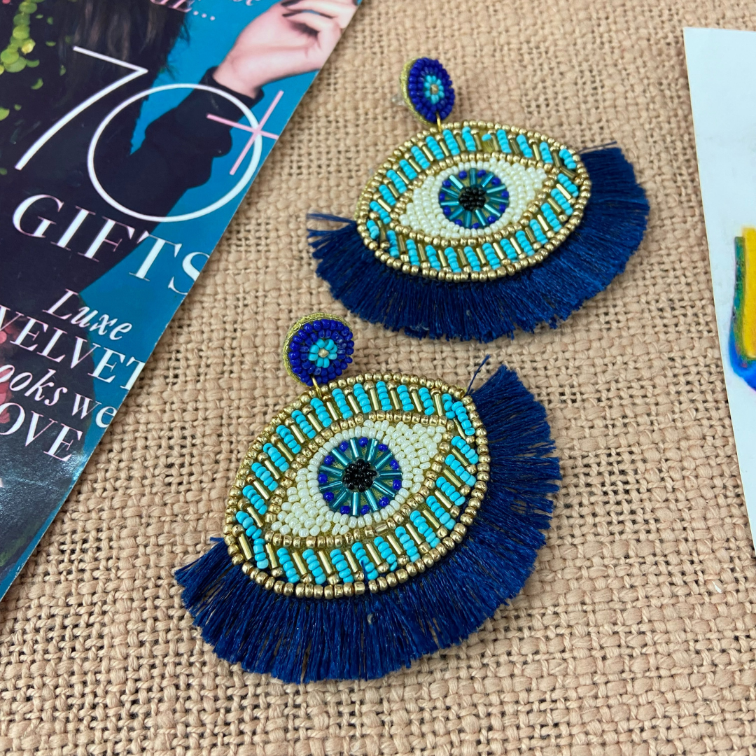 Evil Eye Navy Tassel Earrings