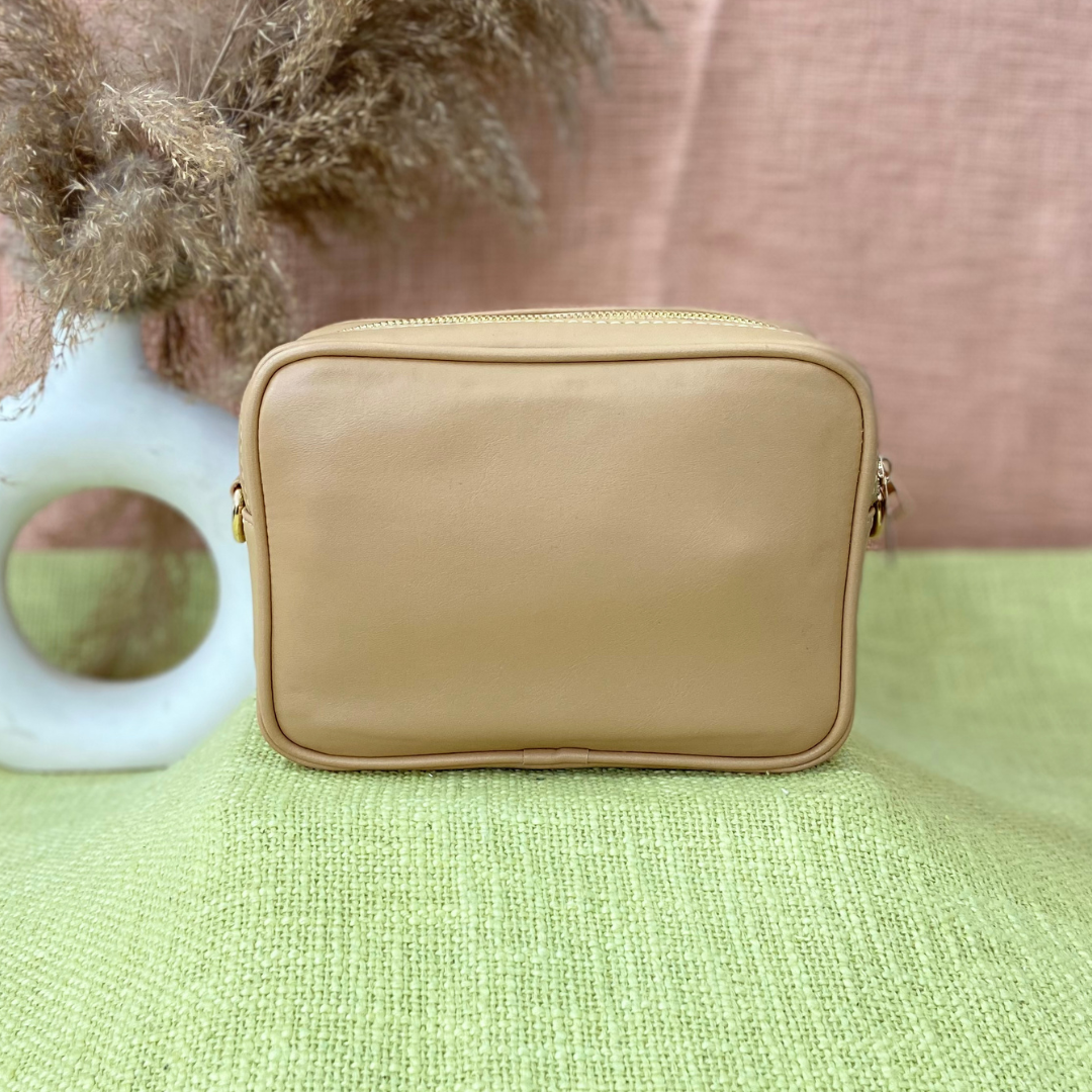 Beige Dual Compartment Bag with Colorful Lines Belt.