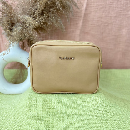 Beige Dual Compartment Bag with Colorful Lines Belt.