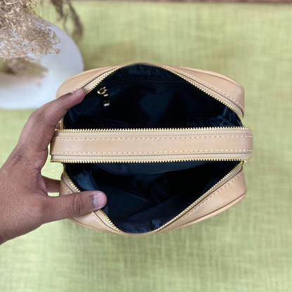 Beige Dual Compartment Bag with Black T-Shape Belt + Big Wallet Combo