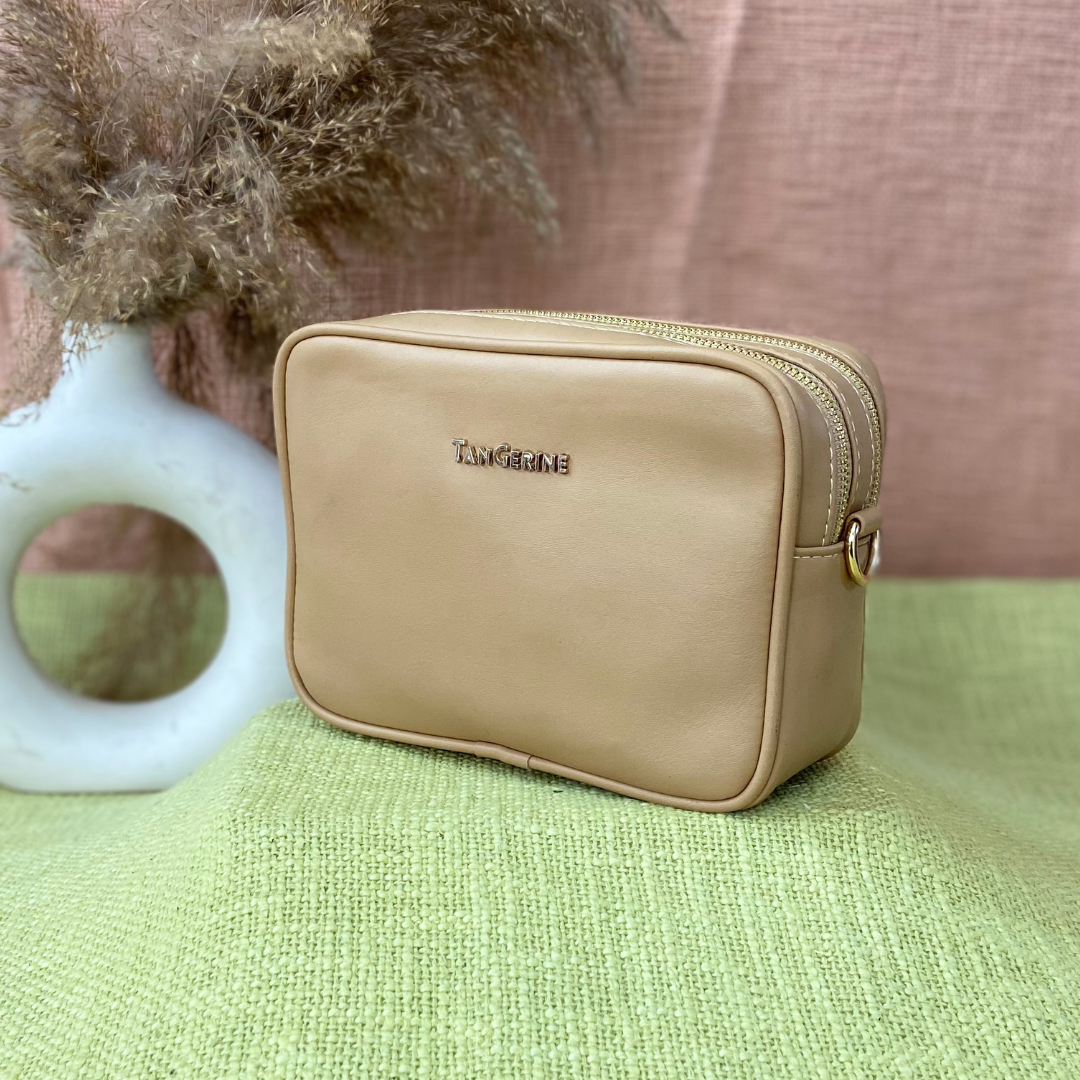 Beige Dual Compartment Bag with Multi-color Lines Belt.