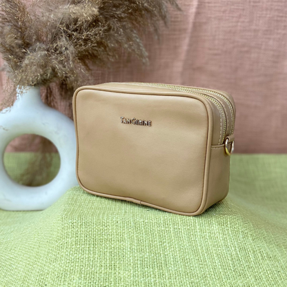 Beige Dual Compartment Bag with Black T-Shape Belt + Big Wallet + Mini Wallet Combo