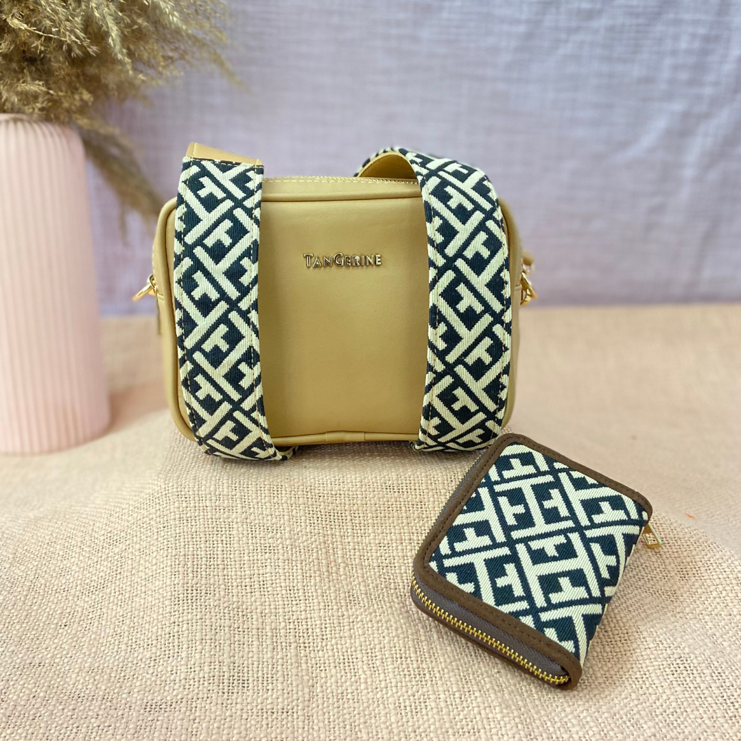 Beige Dual Compartment Bag with Black T-Shape Belt + Mini Wallet Combo