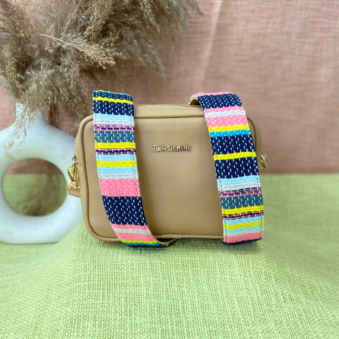 Beige Dual Compartment Bag with Colorful Lines Belt.
