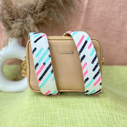 Beige Dual Compartment Bag with Multi-color Lines Belt.