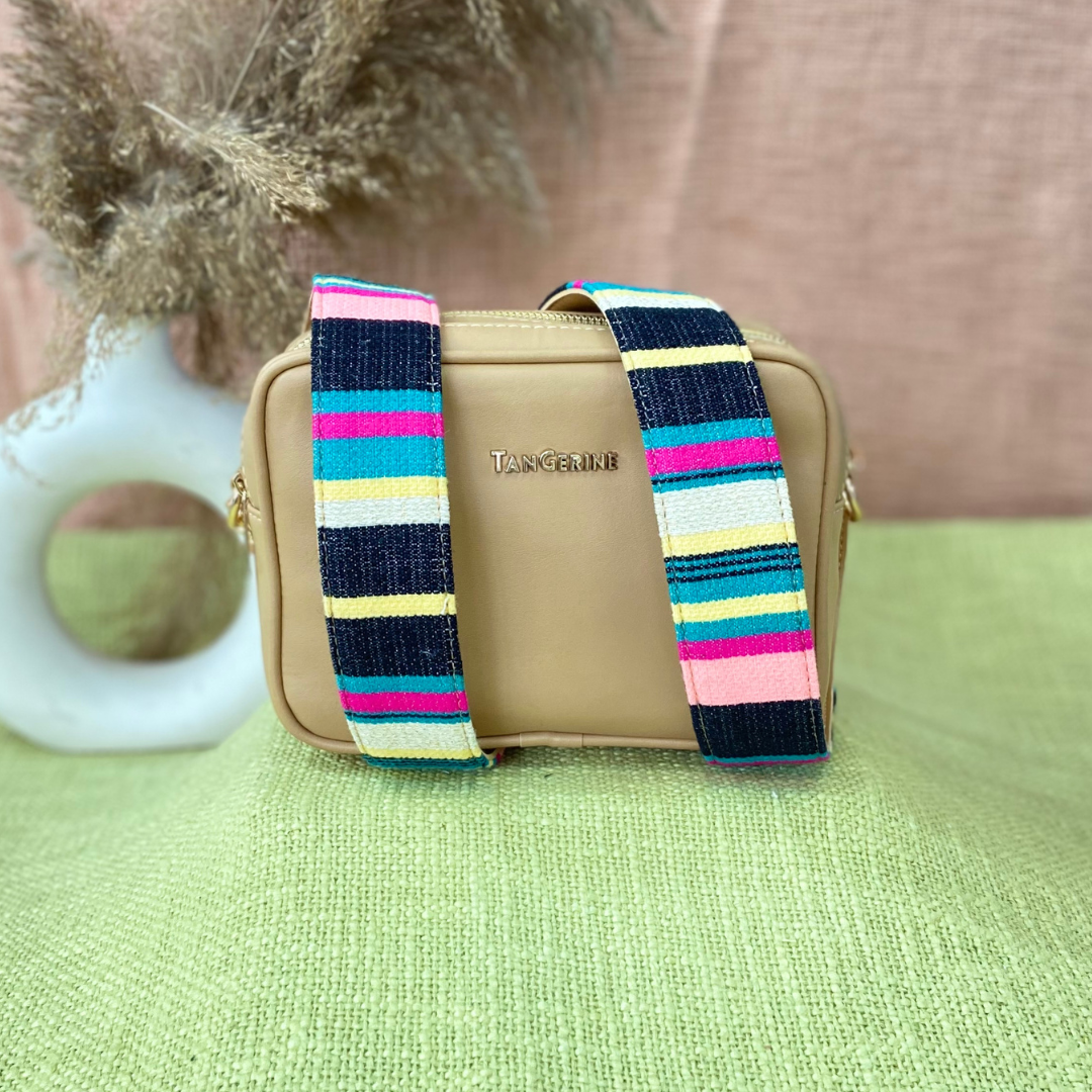 Beige Dual Compartment Bag with Multi-color Stripes Belt.