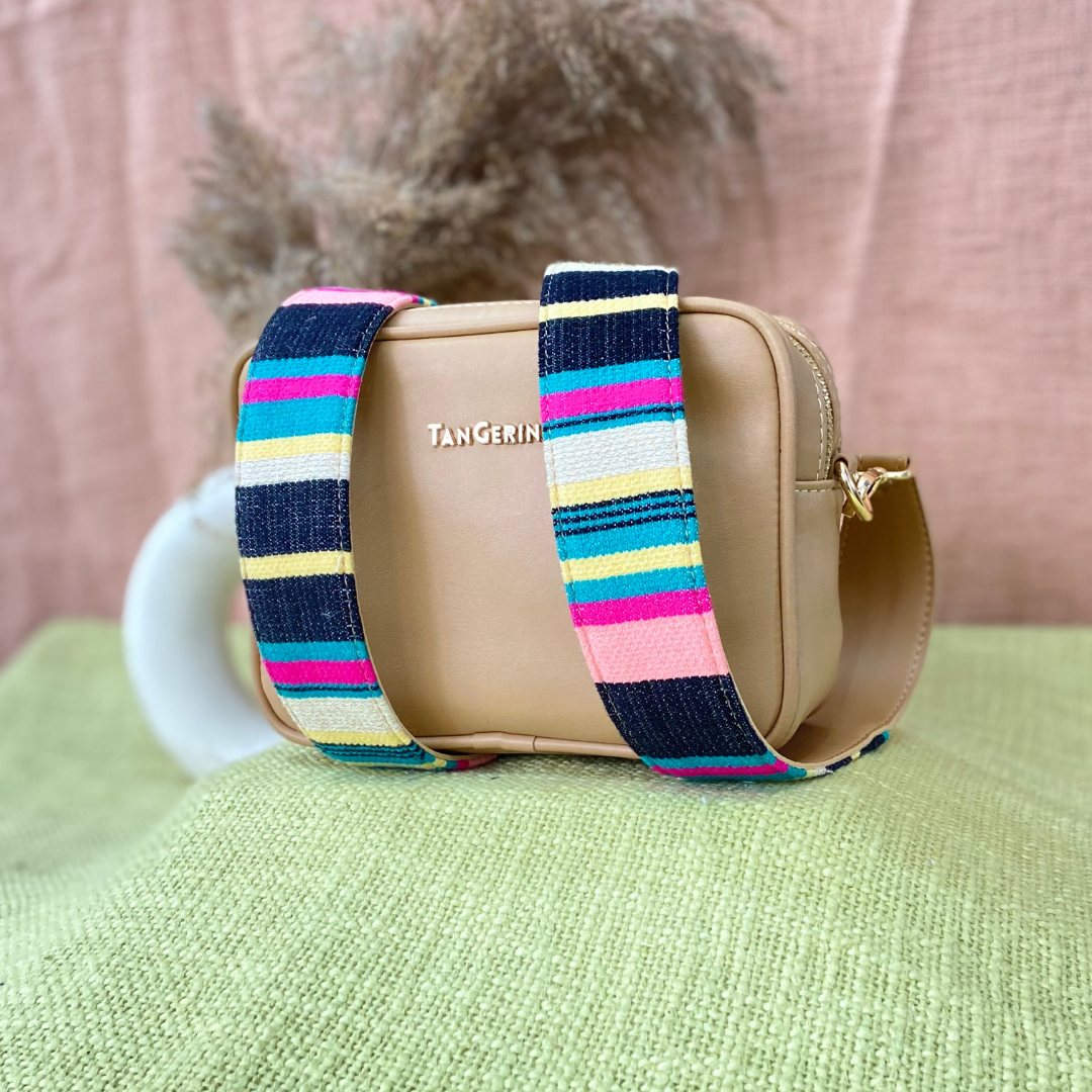 Beige Dual Compartment Bag with Multi-color Stripes Belt.