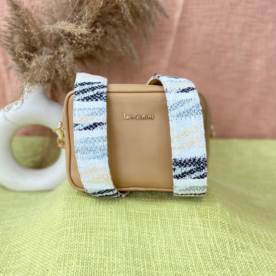 Beige Dual Compartment Bag with White Tribal Belt.
